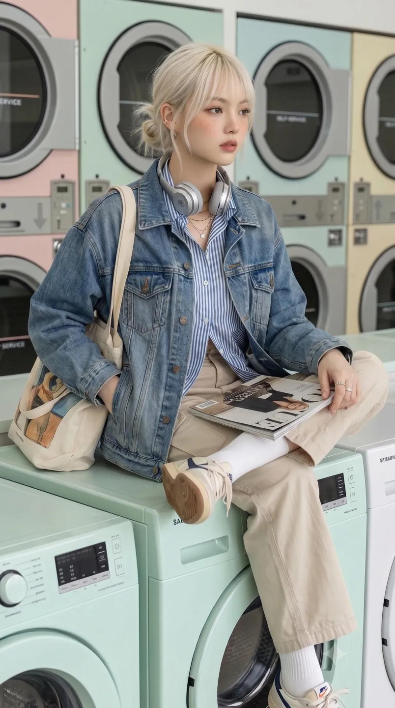 一位女性时尚模特身处现代自助洗衣店