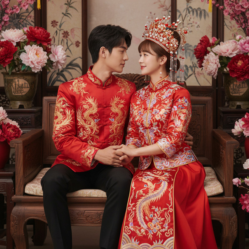 中式婚纱，坐姿对视风格效果图
