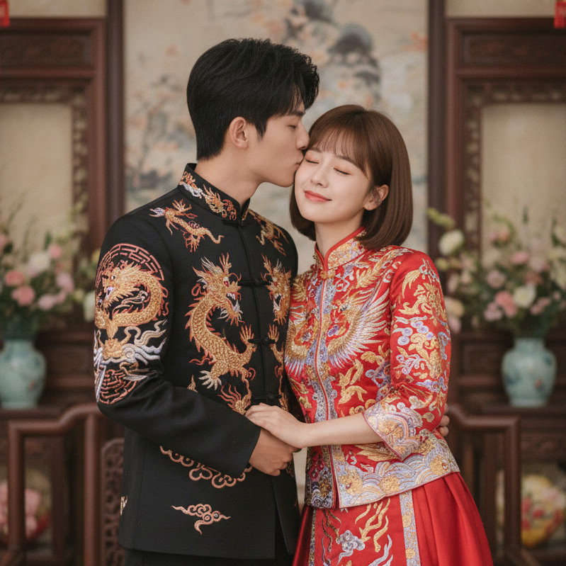 中式婚纱，侧身亲吻风格效果图