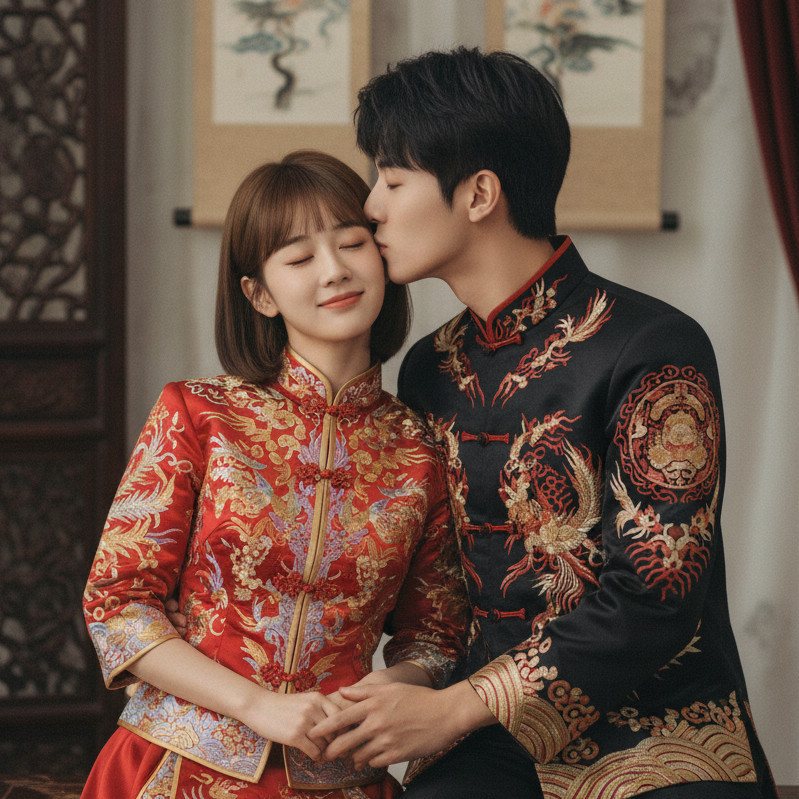 中式婚纱，侧身亲吻风格效果图