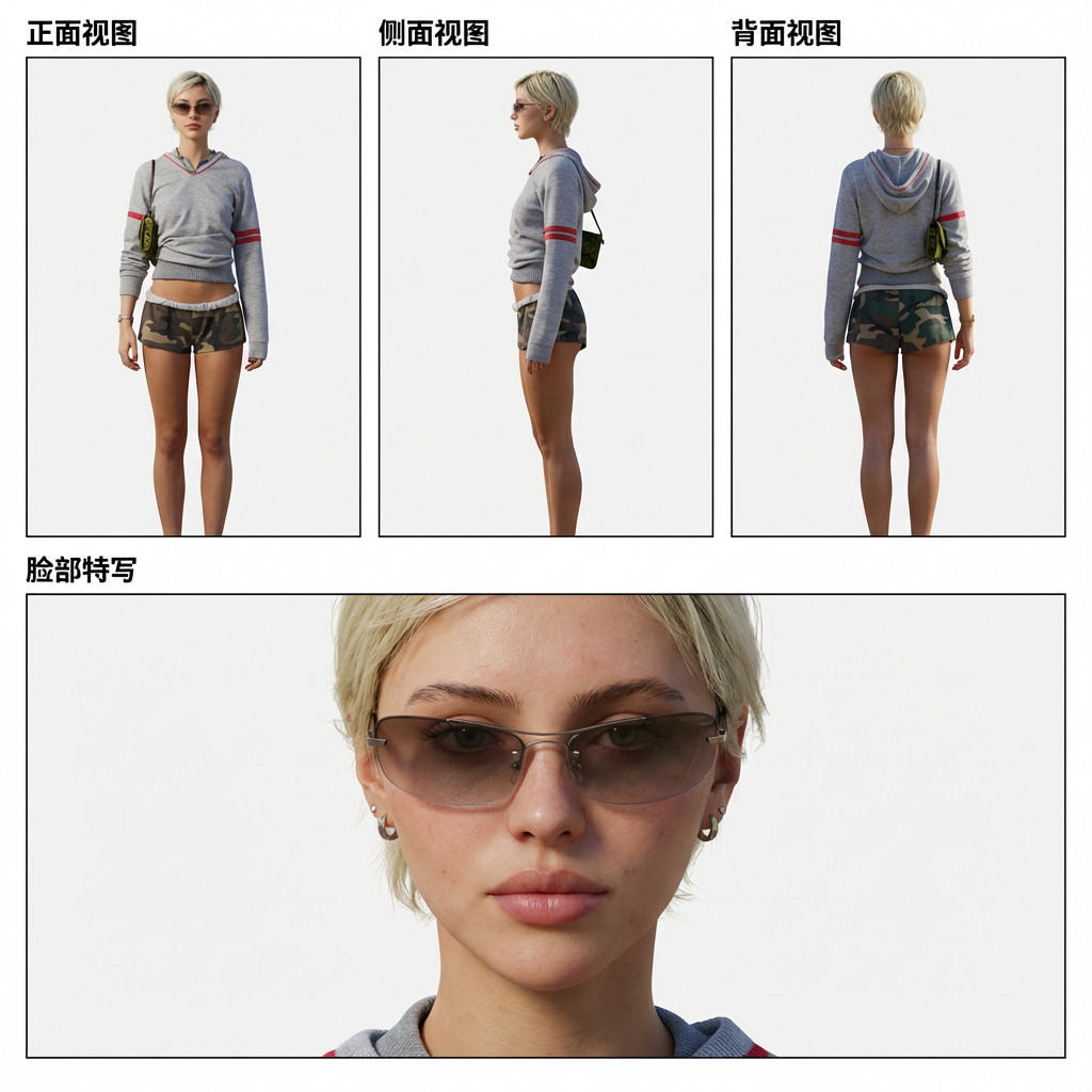 角色卡-三面图+脸部特写风格效果图