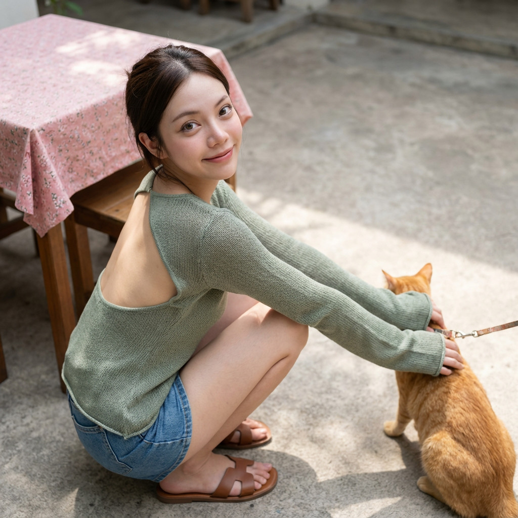 蹲坐在水泥地逗猫风格效果图