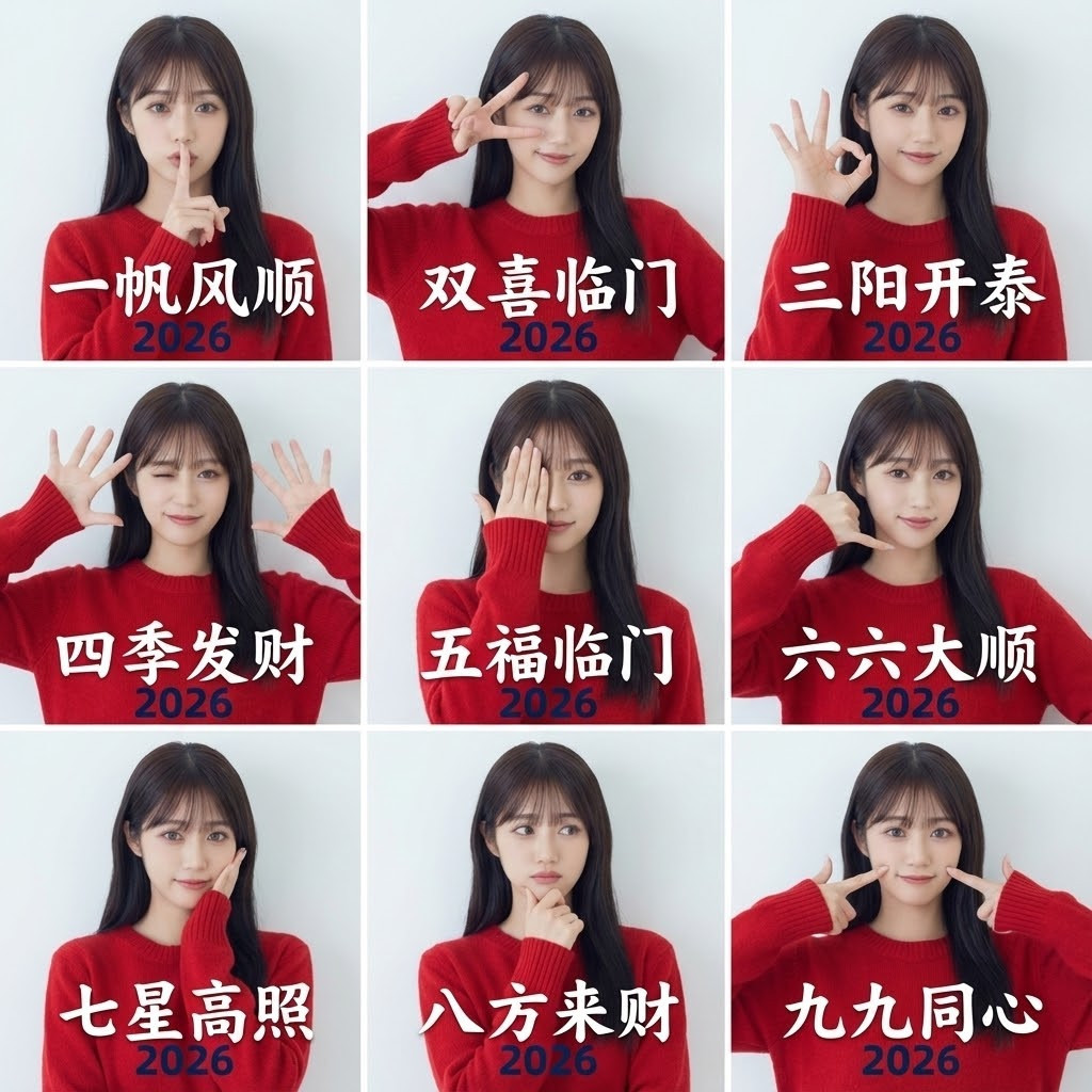 九宫格新年祝福肖像（女生版）风格效果图